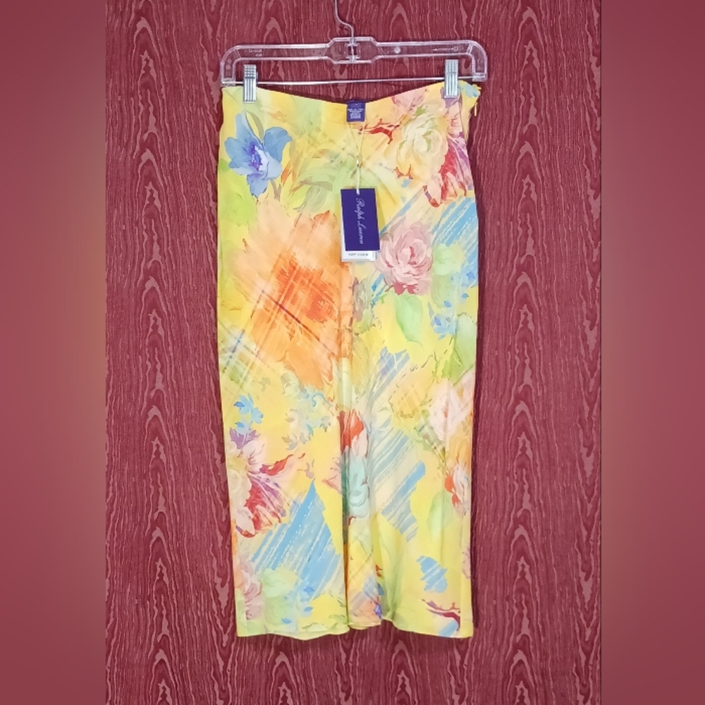 RALPH LAUREN PURPLE LABEL Yellow Floral Midi Skirt Size 4
